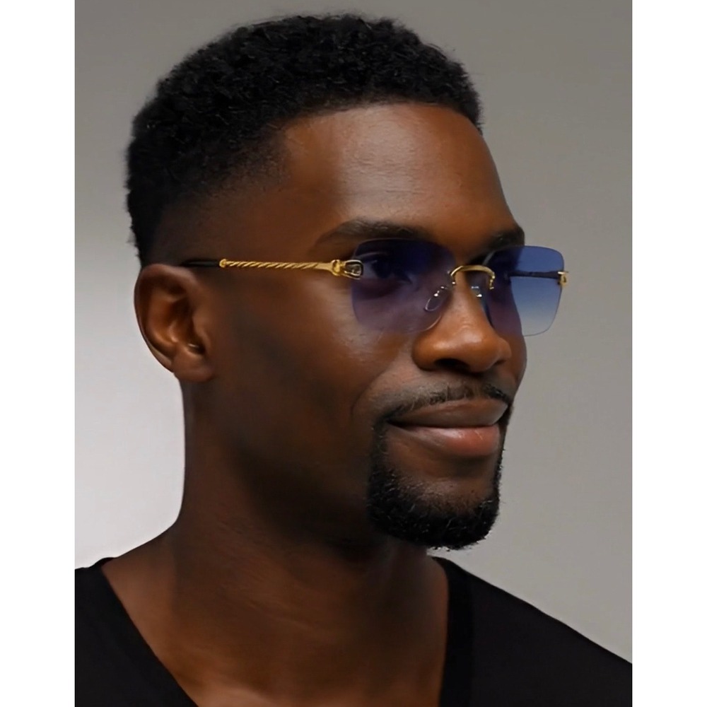 Mens Rimless Square Sunglasses Blue Gradient Gold Twisted Rope Frame Retro Shape - Picture 5 of 11